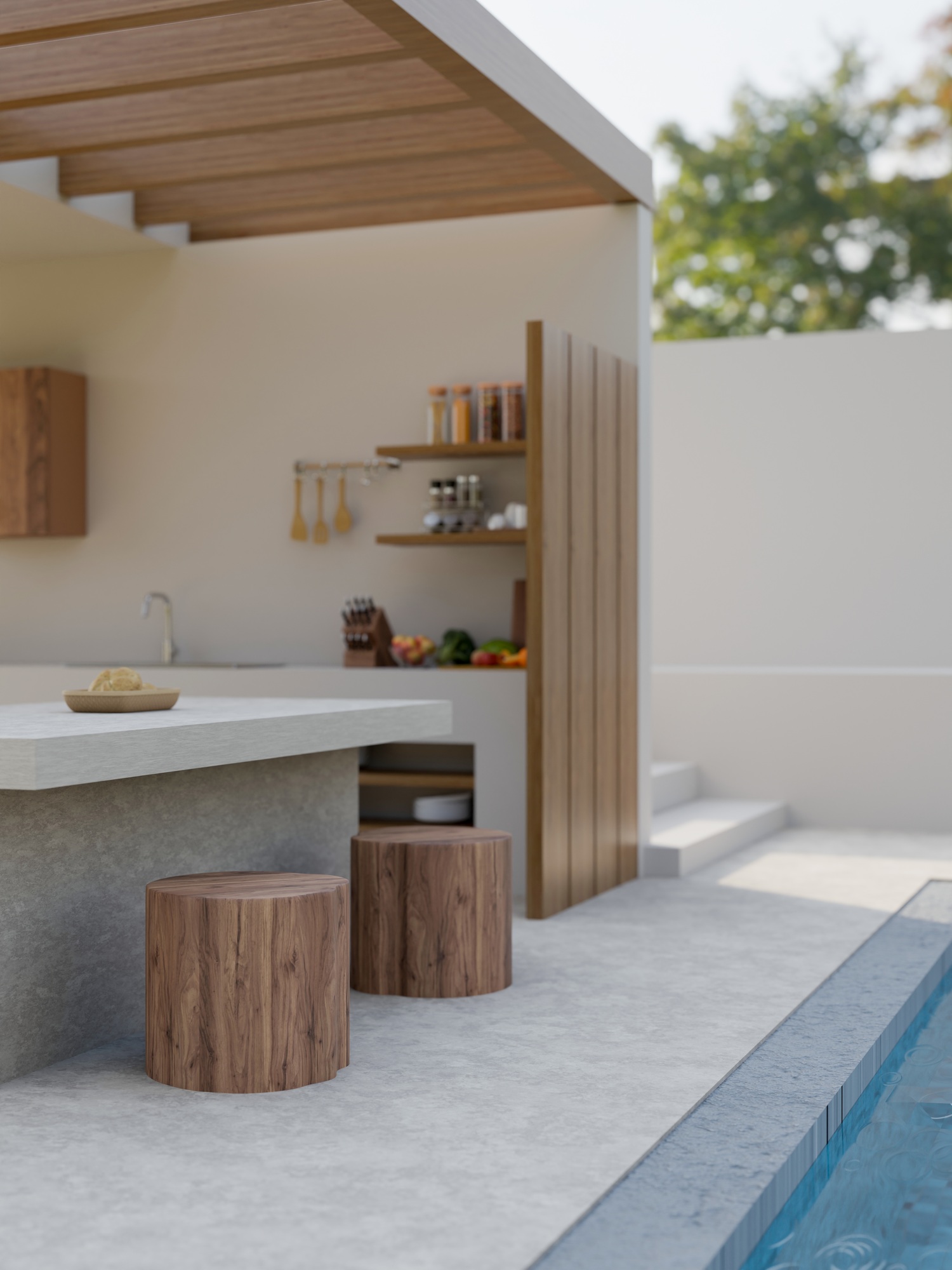 Modern contemporary pool villa exterior with swimming pool, outdoor kitchen cooking space