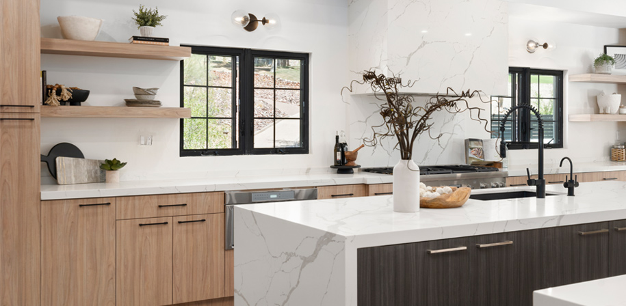 Quartz island countertop white theme kitchen