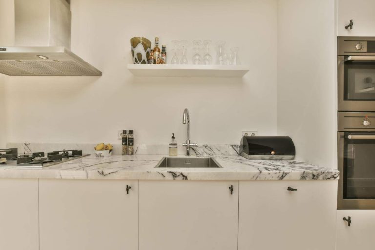 Contemporary white kitchen with marble top Peoria Illinois