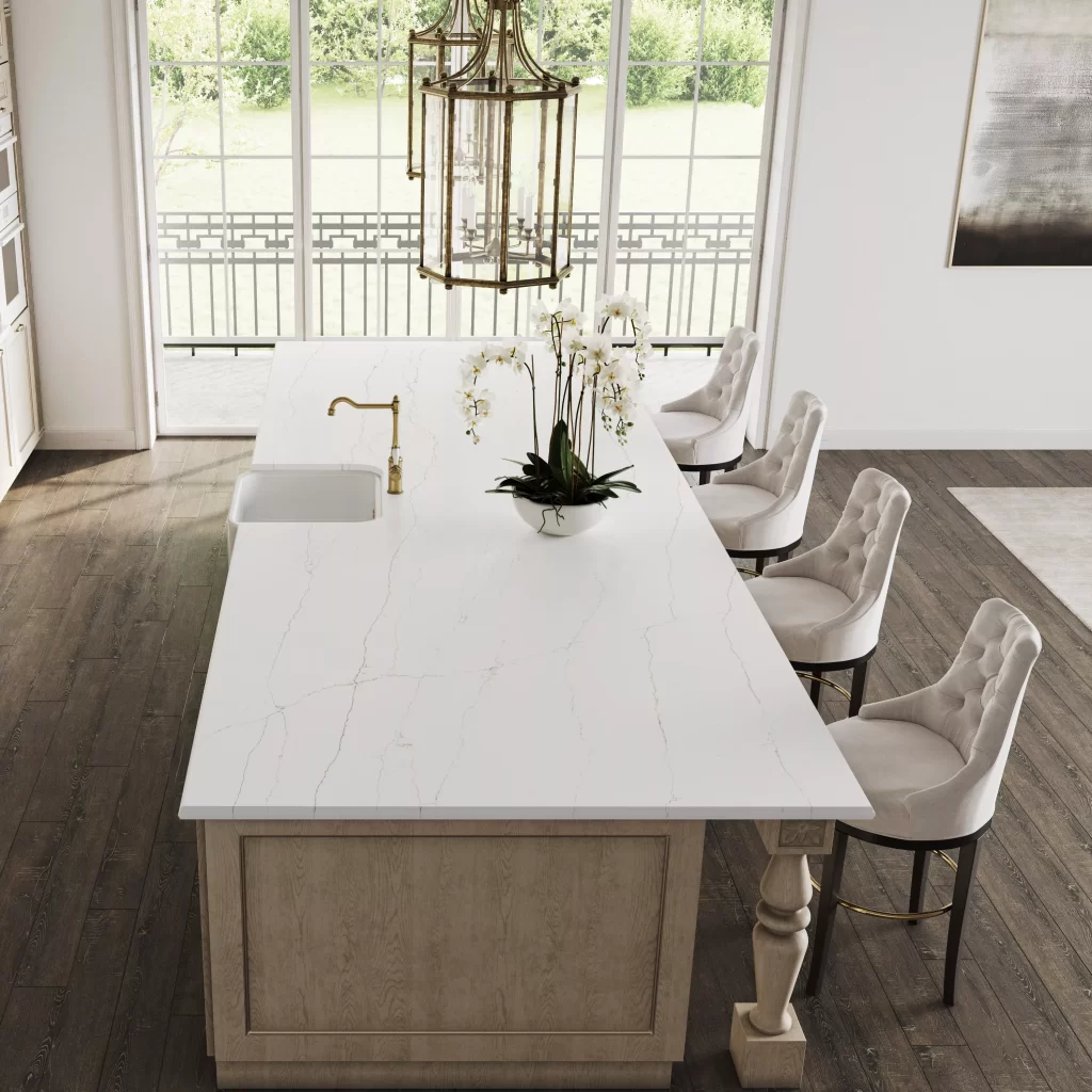 White Macaubas Bianco quartz island and gold fixtures in Brookfield luxury kitchen design